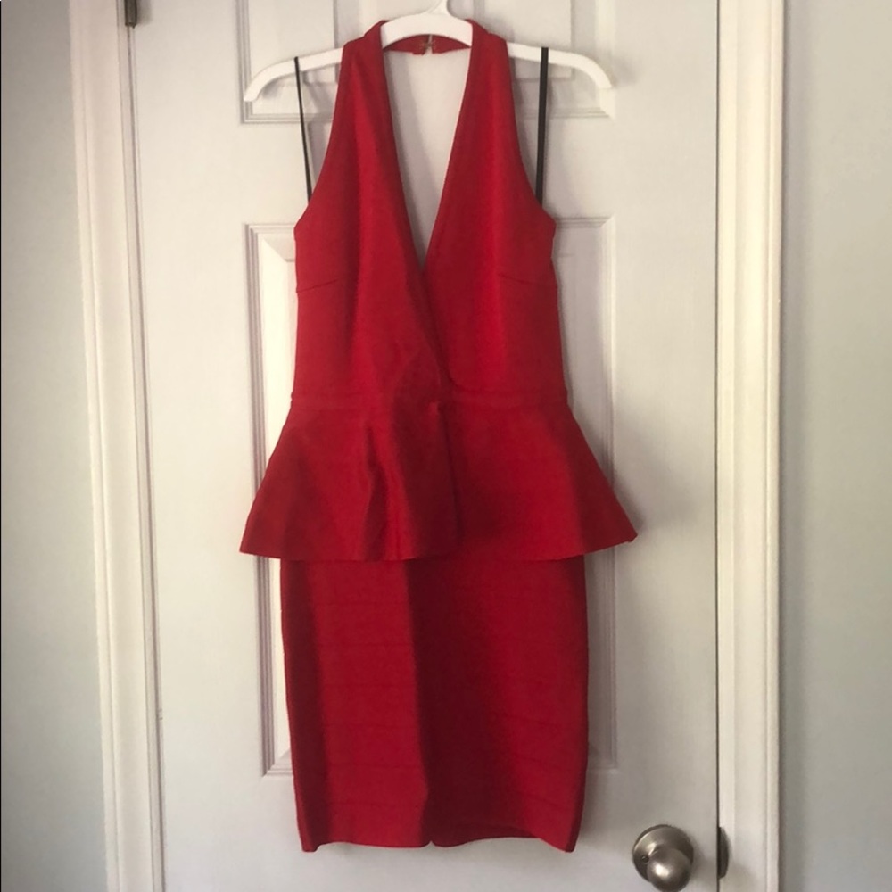 Red Halter Peplum Bodycon Bebe Dress - Size Small